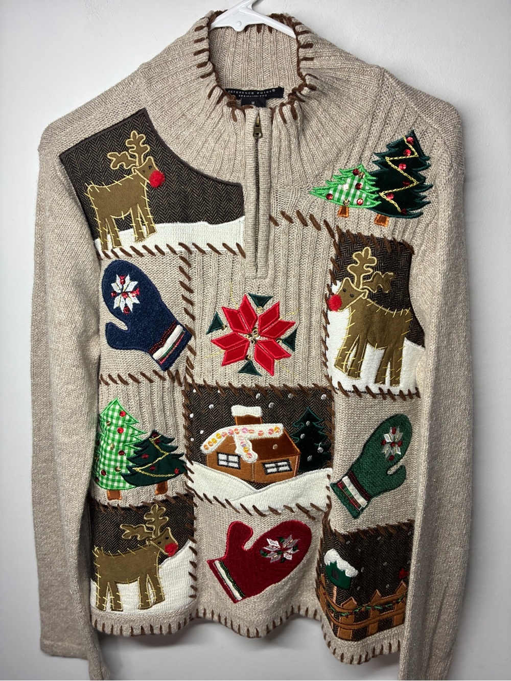 Ralph Lauren Beige Holiday Patchwork Half-Zip Turtleneck Sweater